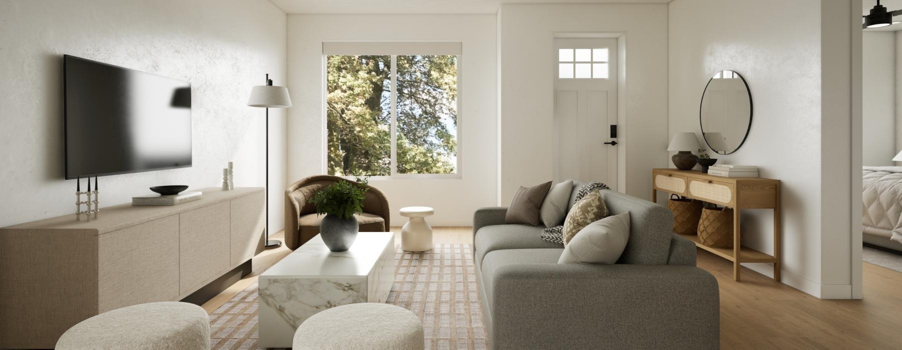 a living room with a tv and couches