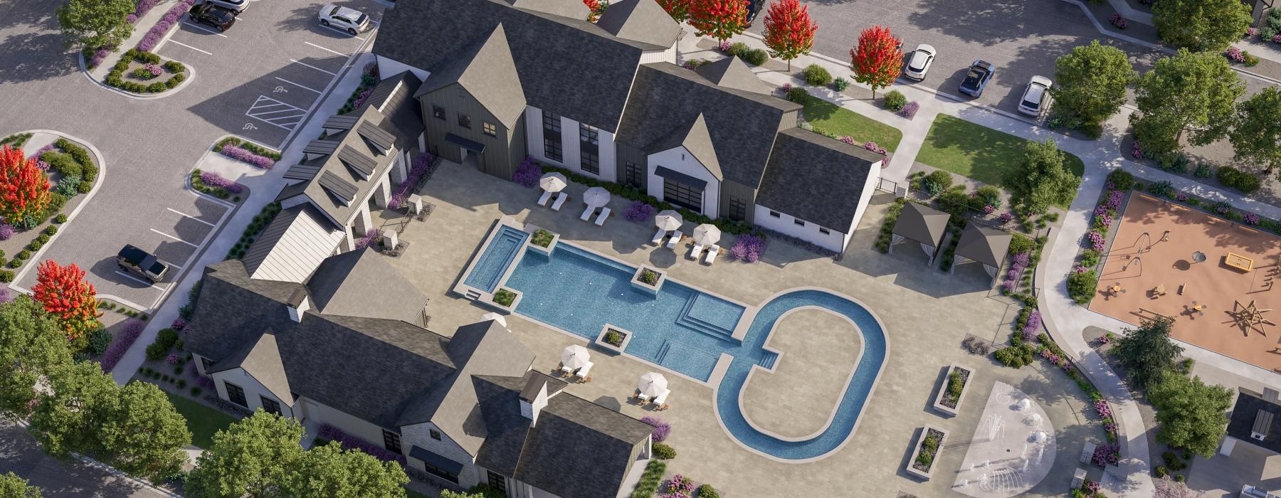 a clubhouse with a swimming pool